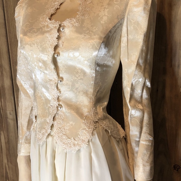 VTG 90s Ivory Brocade/Lace Trim Peplum Jacket/Full Skirt Womens Set 4P~Wedding - Picture 2 of 16